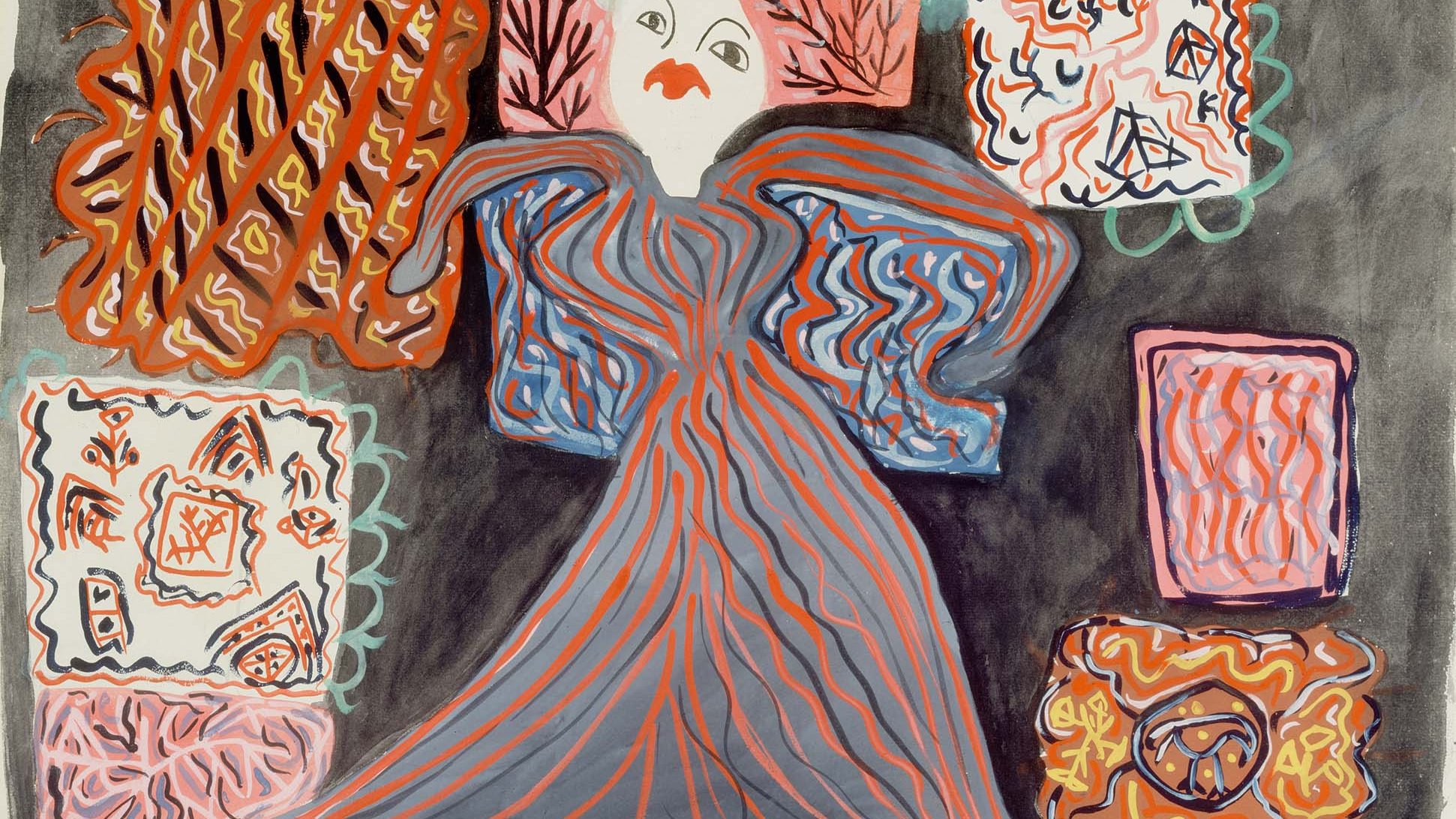 L'image montre une œuvre abstraite avec une figure stylisée au centre, vêtue d'une robe fluide. La silhouette est entourée de motifs colorés et géométriques, avec des éléments en arrière-plan qui ajoutent de la texture. Les couleurs dominantes incluent des tons de rouge, de bleu et de noir, ce qui crée un contraste visuel dynamique. La réalisation semble expressivement moderne, évoquant une atmosphère artistique.