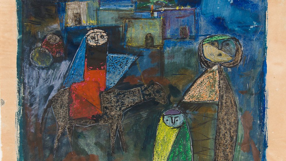 L'image montre une scène expressive avec des figures stylisées au premier plan. On y aperçoit un homme portant une cape rouge, un enfant en vert, et une femme avec un visage oval qui porte un foulard. À côté d'eux, on trouve un âne. L'arrière-plan comporte des maisons stylisées et un palmier, le tout dans des tons vibrants de bleu, rouge et vert. L'œuvre semble évoquer une atmosphère chaleureuse et nostalgique, reflet de la vie quotidienne.