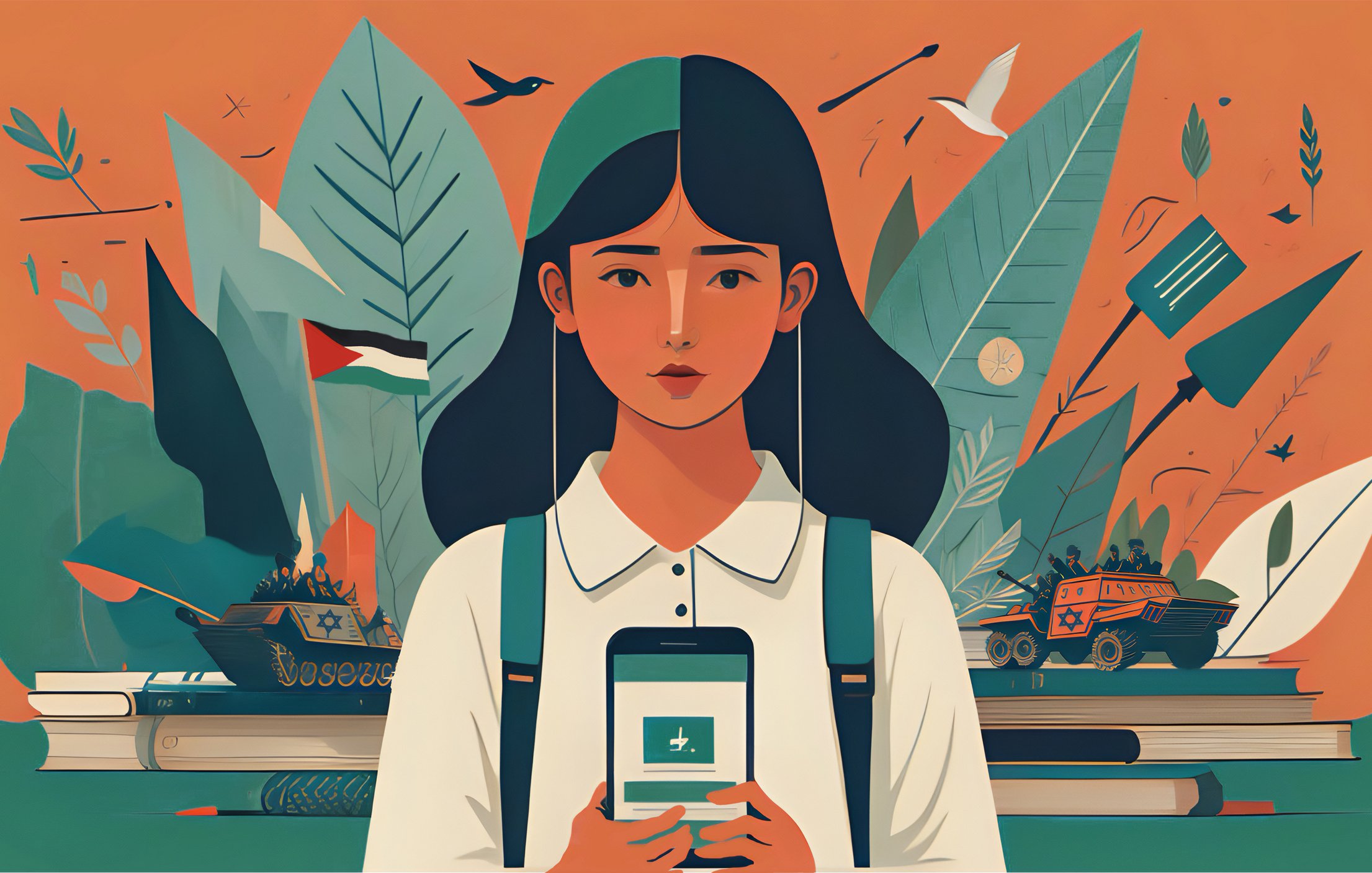 L'immagine rappresenta una giovane donna che tiene in mano uno smartphone, mentre dietro di lei si stagliano elementi naturali come foglie e piante, insieme a simboli di conflitto, come veicoli militari. L'atmosfera è caratterizzata da colori caldi e un contrasto tra la serenità della natura e la presenza inquietante di segnali di guerra. La giovane sembra interessata o concentrata sullo schermo del suo cellulare, suggerendo una connessione tra tecnologia e realtà sociale o politica.