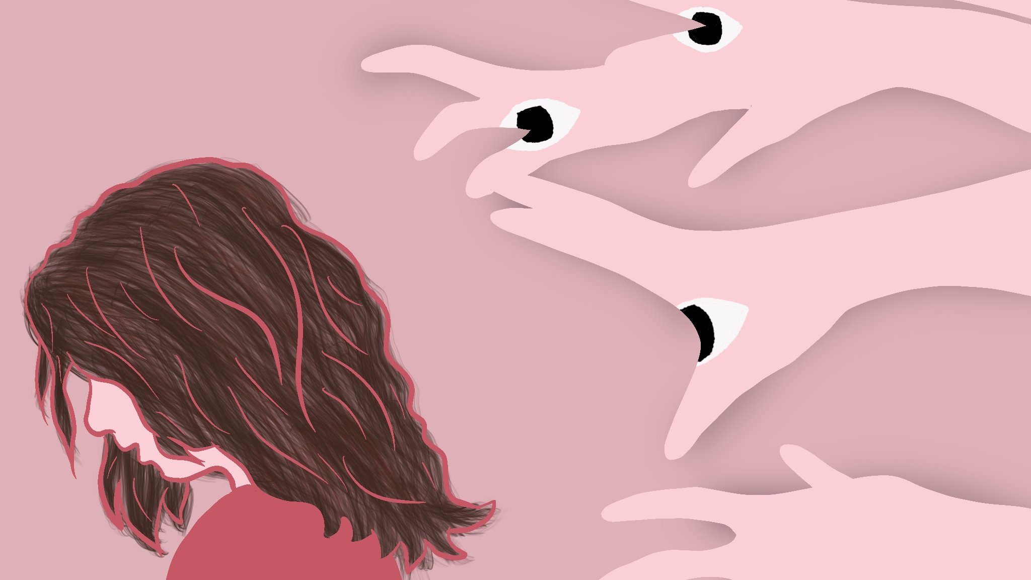L'immagine raffigura una figura femminile con capelli scuri e lunghi, inclinata in avanti e con un'espressione di tristezza o introspezione. Sullo sfondo rosa, si ergono diverse mani stilizzate che sembrano allungarsi verso di lei, ognuna con un occhio disegnato nel palmo. Questo crea un contrasto tra la figura solitaria e le mani che sembrano simboleggiare osservazione o pressione, evocando un senso di vulnerabilità. L'uso dei colori e delle forme suggerisce una sensazione di inquietudine e introspezione.