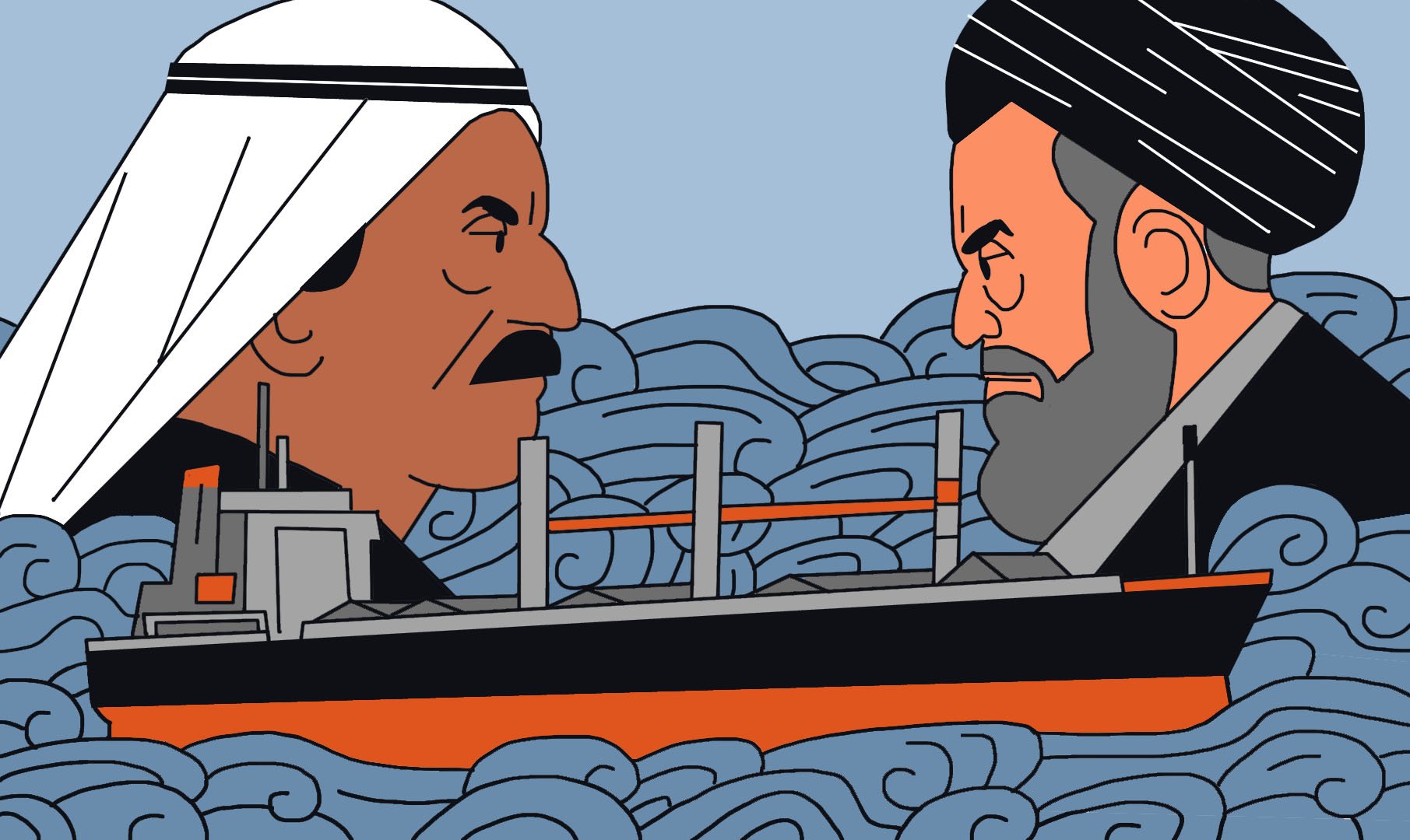 L'image présente deux visages stylisés, l'un portant un keffieh et l'autre un turban, se faisant face dans un environnement marin agité. Entre eux, un bateau de marchandises est représenté, naviguant à travers des vagues. Les expressions des visages sont intenses, suggérant un conflit ou une tension entre les deux personnages. Les couleurs utilisées sont principalement des tons de bleu, blanc, noir et orange, ajoutant à l'aspect graphique de l'illustration.