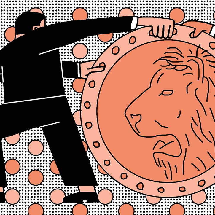 The image features two abstract figures, each gripping an ornate shield that displays a lion's head. The background is dotted with circles in a pattern, adding a sense of dynamism. The figures, dressed in suits, appear to be engaged in a struggle or cooperative effort over the shield, which may symbolize strength or protection. The overall illustration uses a graphic style with bold lines and a limited color palette of earthy tones and black, creating a striking visual impact.