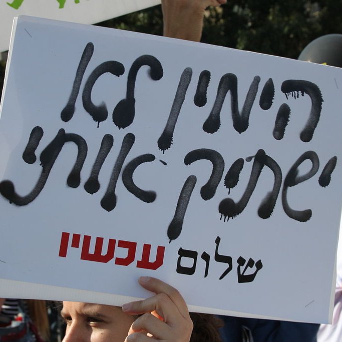L'image montre une personne tenant une pancarte pendant une manifestation. La pancarte est écrite en hébreu, et on peut voir des slogans ou des messages gravés dessus. En arrière-plan, il y a d'autres manifestants et des ballons, ce qui suggère un rassemblement public. L'ambiance semble être celle d'une protestation, avec une atmosphère engagée.