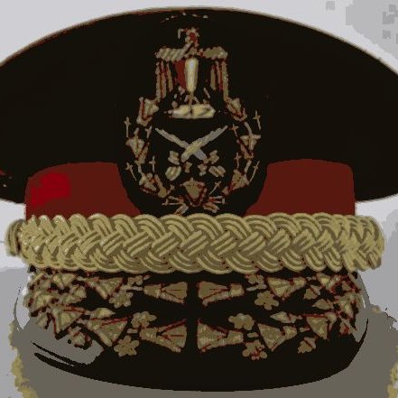 L'image montre un uniforme militaire, plus précisément un couvre-chef. Il s'agit d'une casquette ou d'un képi avec une visière. Le chapeau est décoré de divers ornements en métal ou en broderie, incluant un insigne central représentant des attributs militaires. On peut observer également une bordure en or ou en couleur claire qui donne une impression de prestige. Les détails suggèrent que ce couvre-chef est associé à un grade élevé dans une force armée.