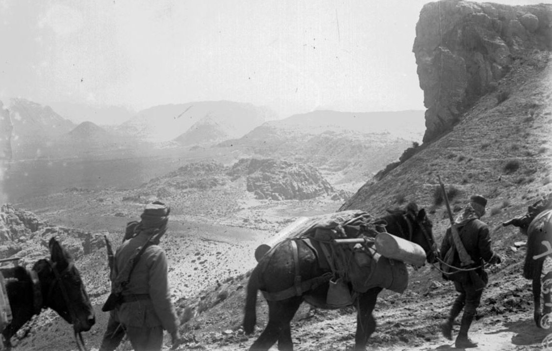 L'image montre un paysage aride et montagneux, avec des soldats marchant à pied, accompagnés de chevaux chargés de matériel. Les soldats portent des uniformes et se déplacent sur un chemin sinueux en direction de formations rocheuses impressionnantes. L'atmosphère est celle d'une expédition militaire dans une région difficile d'accès. Les montagnes en arrière-plan ajoutent une dimension majestueuse et austère à la scène.