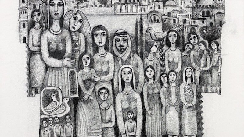 L'image représente une scène artistique en noir et blanc, avec un groupe de figures humaines stylisées, dont certaines se tiennent en avant-plan tandis que d'autres apparaissent en arrière-plan. Le décor semble évoquer une ville, avec des bâtiments et des paysages architecturaux en arrière-plan, peut-être inspirés par des éléments culturels. Au centre, des personnages féminins et masculins expriment une certaine gravité, tandis que des détails comme des oiseaux et des arbres ajoutent une dimension paisible à l'œuvre. Les lignes sont fluides et les formes vont des silhouettes simples à des représentations plus détaillées, créant une ambiance à la fois contemplative et riche en symbolisme.