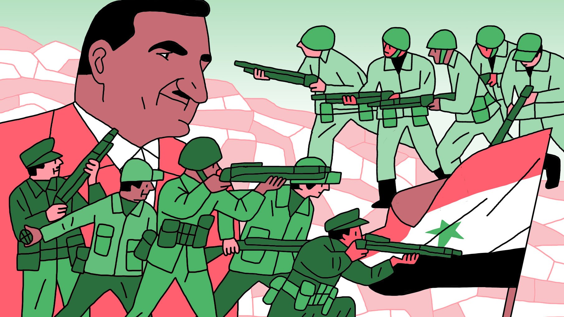 L'image représente une scène illustrée avec un homme en costume rouge, qui semble être un dirigeant, entouré de soldats en uniformes verts. Ces derniers portent des fusils et adoptent des poses militaires, évoquant un contexte de conflit ou de défense. En arrière-plan, le drapeau de la Syrie est visible, ce qui indique une thématique liée à la Syrie. L'ensemble est dessiné dans un style graphique avec des couleurs vives.