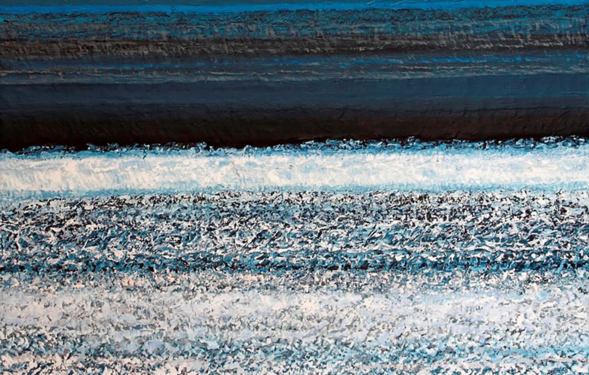 Des lignes horizontales en dégradé de bleus et blancs, créant une ambiance maritime.