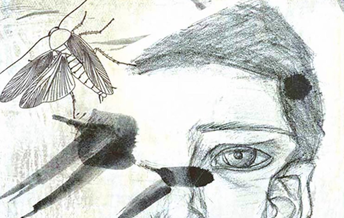 تظهر الصورة رسماً تجريدياً لخد ووجه إنسان بشكل فني، حيث يُبرز الرسام ملامح الوجه بطريقة غير تقليدية. يحيط بالوجه عناصر إضافية مثل ذبابات ورسومات بالألوان الرمادية والسوداء، مما يضفي شعورًا بالغموض والتعقيد. يمكنك أن تشعر بحالة من التوتر أو العزلة في تعبير الوجه، بينما تضيف الحشرات بعدًا آخر للصورة، مما يمكن أن يرمز إلى أفكار متعددة تتعلق بالطبيعة أو الحياة.