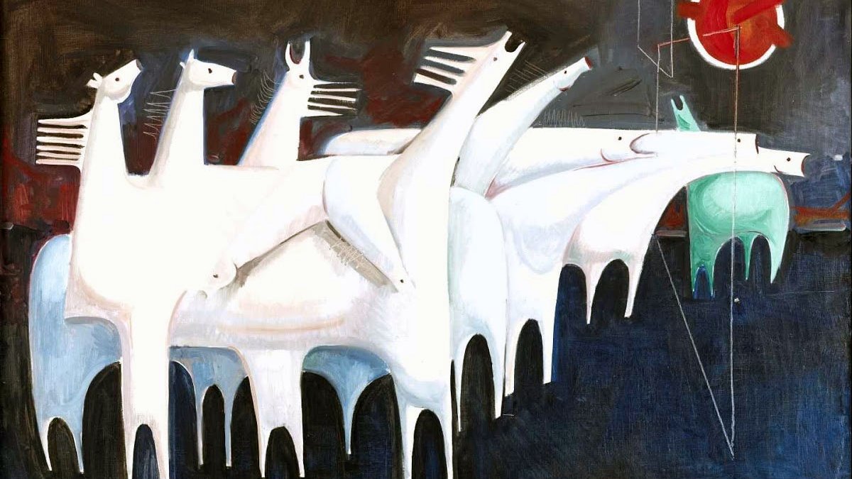 L'image représente une scène abstraite avec plusieurs chevaux stylisés, principalement de couleur blanche. Leur forme est simplifiée, et ils semblent se mouvoir ensemble dans une composition dynamique. En arrière-plan, on peut voir des nuances sombres, tandis qu'un cercle rouge éclatant attire l'attention sur la partie supérieure de l'œuvre. Un cheval de couleur verte se distingue parmi les autres, ajoutant une touche de couleur contrastante. L'ensemble crée une atmosphère à la fois rythmée et harmonieuse.