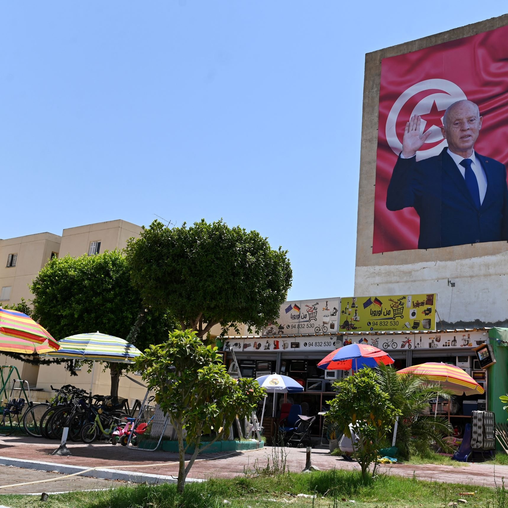 در این تصویر، یک دیوار بزرگ ساختمان نشان داده شده است که بر روی آن تصویری از یک فرد با اشاره به سمت بیننده مشاهده می‌شود. این شخص لباس رسمی به تن دارد و در پس‌زمینه تصویر، پرچم تونس دیده می‌شود. در پایین تصویر، یک کارگاه یا فروشگاه کوچک قرار دارد که چند نفر در زیر چادرهای رنگی نشسته‌اند. درختان سبز و دوچرخه‌ها نیز در تصویر وجود دارند. آسمان آبی و صاف به نظر می‌رسد.