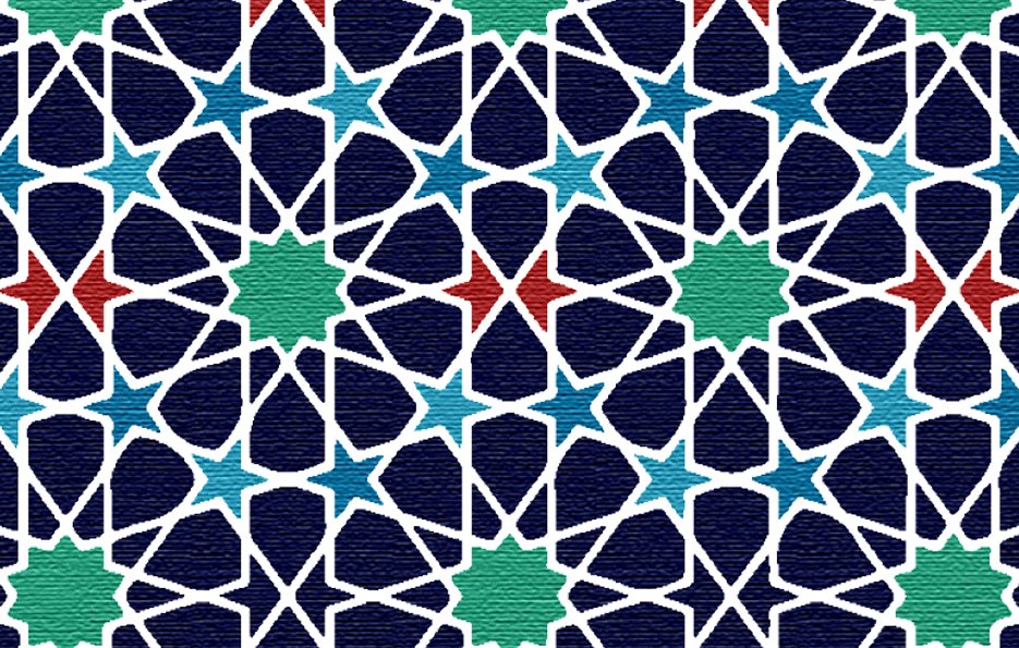 L'image présente un motif géométrique complexe, caractérisé par des formes étoilées et des motifs entrelacés. Les couleurs prédominantes incluent le bleu, le vert, le rouge et le blanc, sur un fond sombre. Ce type de design évoque souvent des influences islamiques ou orientales, avec une symétrie harmonieuse et des contrastes vifs entre les couleurs, créant un effet visuel riche et dynamique.