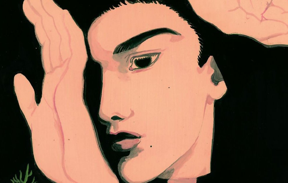 L'image représente un visage stylisé sur un fond noir. Le visage, qui semble être celui d'une personne, est dessiné avec des traits marqués, notamment des sourcils épais et des lèvres bien définies. Les mains entourent le visage, ajoutant une dynamique intéressante à la composition. La palette de couleurs est plutôt limitée, avec des teintes de rose et de blanc pour le visage, contrastant avec le noir du fond. Un petit élément vert, semblable à une plante, est visible dans le coin inférieur gauche.