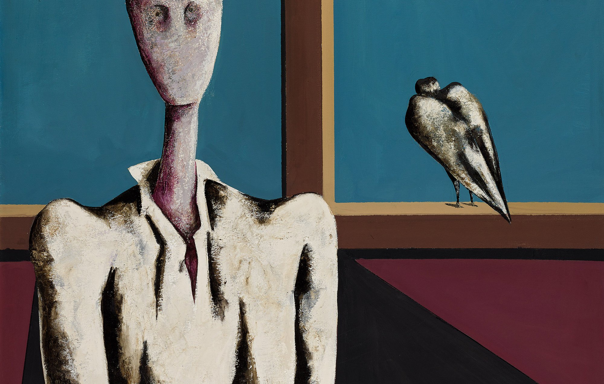 L'image présente une scène où une figure humaine stylisée, avec un visage très simplifié et allongé, est assise en front de la toile. Elle porte une chemise blanche avec un col et a une teinte de peau très pâle. À l'arrière-plan, on aperçoit une fenêtre et un oiseau noir et blanc perché sur le rebord. Les couleurs sont principalement froides, avec des tons de bleu et de rouge, créant un contraste frappant avec la figure humaine. L'ensemble dégage une atmosphère à la fois mystérieuse et contemplative.