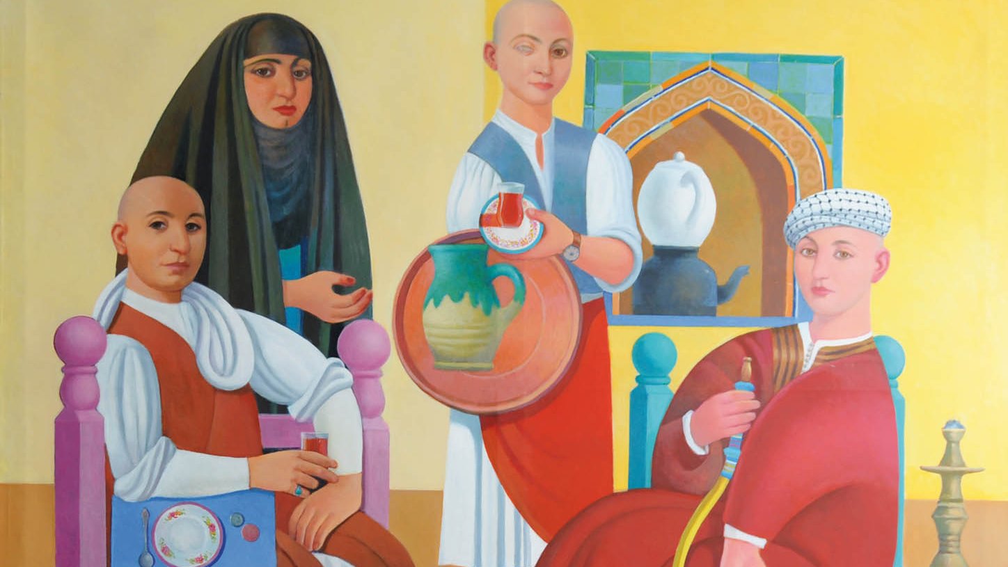 L'image montre une scène colorée représentant quatre personnages, chacun habillé de manière distinctive. Deux des personnages sont assis : l'un porte un habit traditionnel et tient une chicha, tandis que l'autre est plus sobrement habillé et tient une tasse. Le personnage debout à gauche porte un hijab et regarde le spectateur, tandis que celui au milieu, également debout, présente un plat et semble servir une boisson. L'arrière-plan est orné de motifs culturels, ajoutant à l'atmosphère vibrante de la composition. Les couleurs sont vives et les formes géométriques donnent une impression de profondeur et de diversité culturelle.