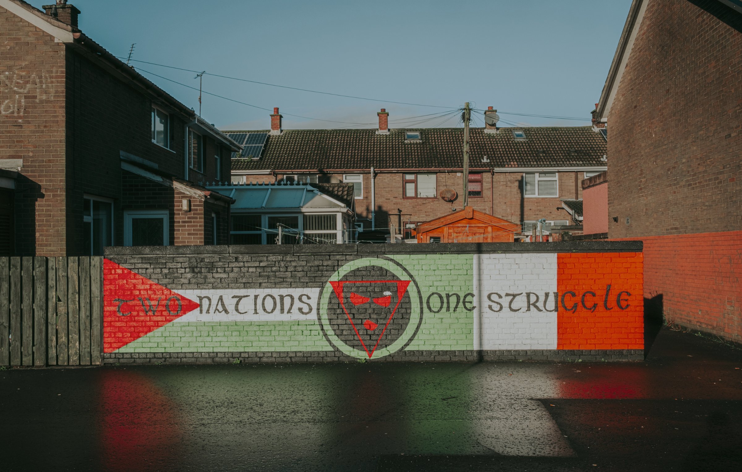 L'image montre un mur peint avec une fresque qui illustre un message de solidarité ou de lutte. On peut y voir des éléments graphiques comme des drapeaux, symbolisant probablement des nations ou des groupes. Les couleurs rouge, vert et blanc sont présentes, évoquant des thèmes de culture ou d'appartenance. Le sol est mouillé, reflétant les bâtiments environnants et créant une atmosphère calme malgré le message fort du graffiti.