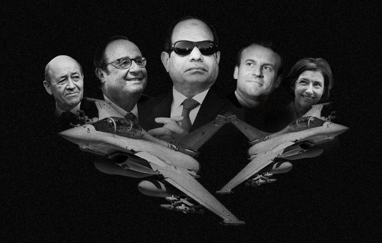 L'image montre une composition graphique en noir et blanc. Au centre, il y a une figure avec des lunettes de soleil, entourée de visages de plusieurs personnes en arrière-plan. En dessous, on aperçoit des avions de chasse. Le tout crée une ambiance dramatique et symbolique, suggérant des thèmes liés à la politique et à l'armement.