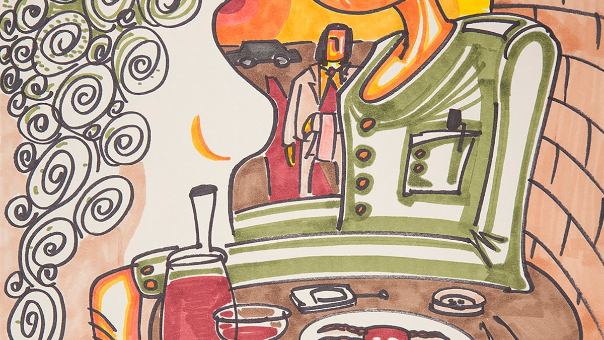 L'image présente une illustration au style artistique marqué, avec des formes stylisées et des couleurs vives. On peut voir deux personnages aux traits simplifiés, en train d'interagir autour d'une table. Sur la table, on distingue des objets tels qu'un verre de vin, une assiette et des cigarettes. L'arrière-plan semble évoquer une ambiance intime avec des murs en briques. Les personnages, avec leurs grandes têtes et yeux expressifs, semblent engagés dans une conversation, créant une atmosphère intrigante et colorée.