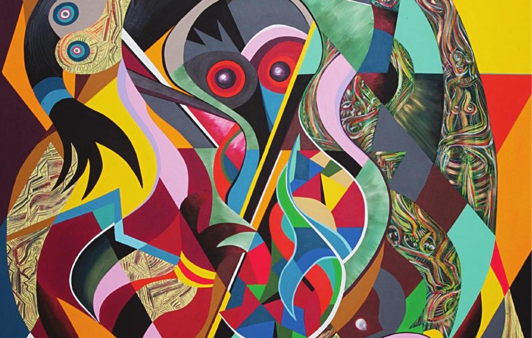 L'image présente une composition abstraite riche en couleurs et en formes. On y voit une variété de motifs géométriques et organiques qui s'entrelacent, créant une dynamique visuelle captivante. Les couleurs vives, telles que le rouge, le vert et le jaune, apportent de l'énergie à l'œuvre. Les formes irrégulières semblent évoquer des figures humaines ou animales, mais elles sont stylisées de manière à promouvoir une interprétation libre. L'ensemble donne une impression de mouvement et de complexité, invitant le spectateur à explorer les différentes couches et significations de l'œuvre.