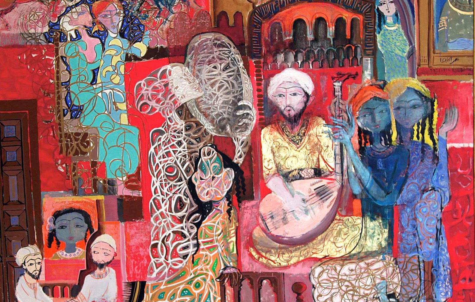 L'image présente une composition colorée et dynamique, remplie de figures humaines stylisées et d'éléments décoratifs. Les personnages, souvent représentés avec des expressions variées, sont engagés dans diverses activités, créant une ambiance vivante et artistique. Les couleurs dominantes sont vives, notamment des rouges, des bleus et des dorés, qui ajoutent de la profondeur et de la richesse à l'œuvre. Les motifs et les détails complexes des vêtements et des arrière-plans donnent une impression de culture et d'histoire, suggérant un mélange de traditions et de pratiques artistiques. L'ensemble de l'œuvre évoque une scénographie vivante, animée par les interactions entre les personnages.