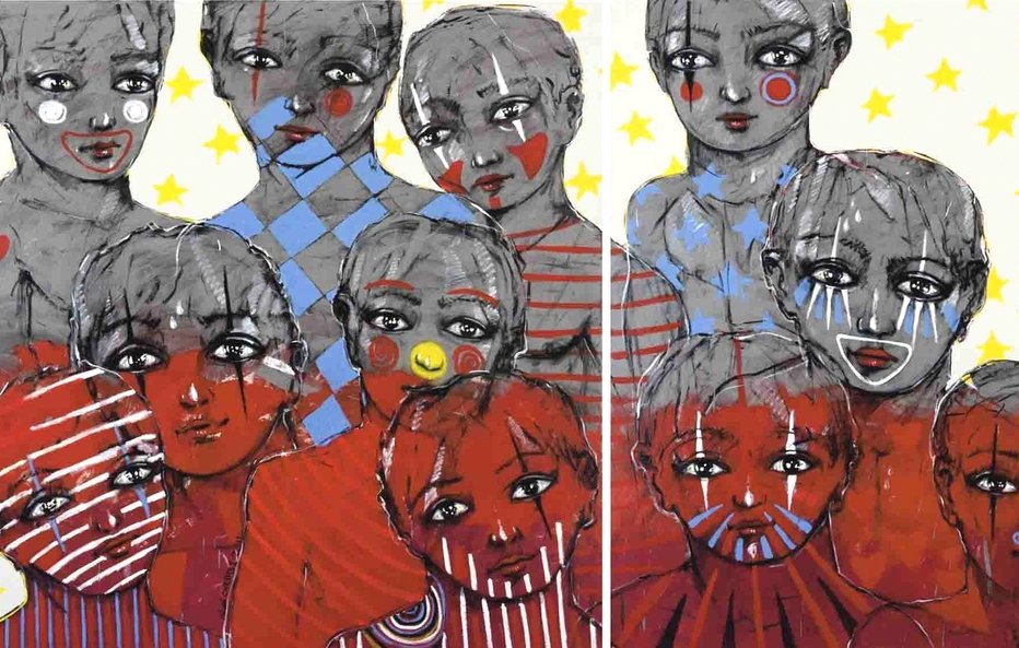 L'image présente un ensemble de visages stylisés, regroupés de manière artistique. Les visages, qui semblent appartenir à des personnes de différentes origines, sont peints avec des motifs variés comme des rayures et des cercles colorés. On note une utilisation de couleurs vives telles que le rouge, le bleu et le jaune, qui ajoutent une dimension expressive à l'œuvre. L'arrière-plan est décoré de petites étoiles, renforçant le caractère ludique et multifacette de cette composition. L'ensemble dégage une impression de diversité et d'unité à travers l'art.