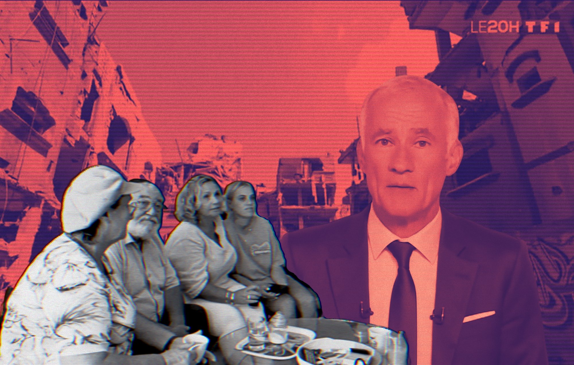 Un présentateur parle, superposé à des personnes et un paysage urbain dégradé.