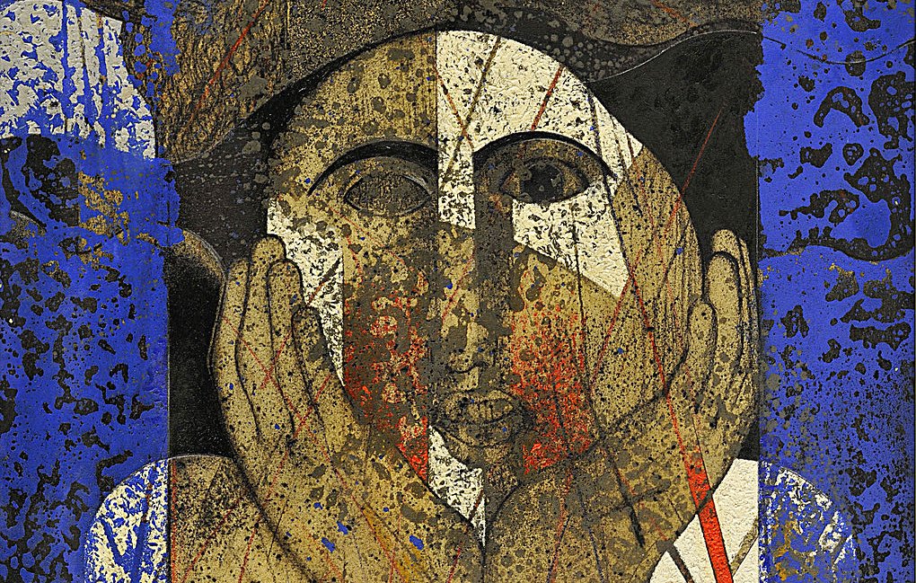 الصورة عبارة عن عمل فني يمتاز بأسلوب تجريدي، حيث يظهر وجه شخص يبدو حزينا أو متأملا، عابسًا أو شارد الذهن. الخلفية تحتوي على تدرجات لونية متباينة من الأزرق والألوان الدافئة، مما يضيف عمقًا للفن. ملامح الوجه تجسد مشاعر مختلطة، وتعكس تعبيرات الحالة النفسية للشخص. تفاصيل العمل تتضمن خطوط وأشكال غير متجانسة تشكل قاعدة الصورة، مما يجعلها مثيرة للاهتمام وتعكس أسلوب الفنان الفريد.