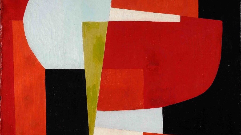 L'image présente une composition abstraite aux couleurs vives. On peut observer des formes géométriques, telles que des rectangles et des courbes, dans une palette de rouges, noirs, blancs et verts. Les différentes teintes se juxtaposent de manière dynamique, créant un contraste intéressant. L'ensemble donne une impression de mouvement et d'équilibre visuel, caractéristique de l'art abstrait.