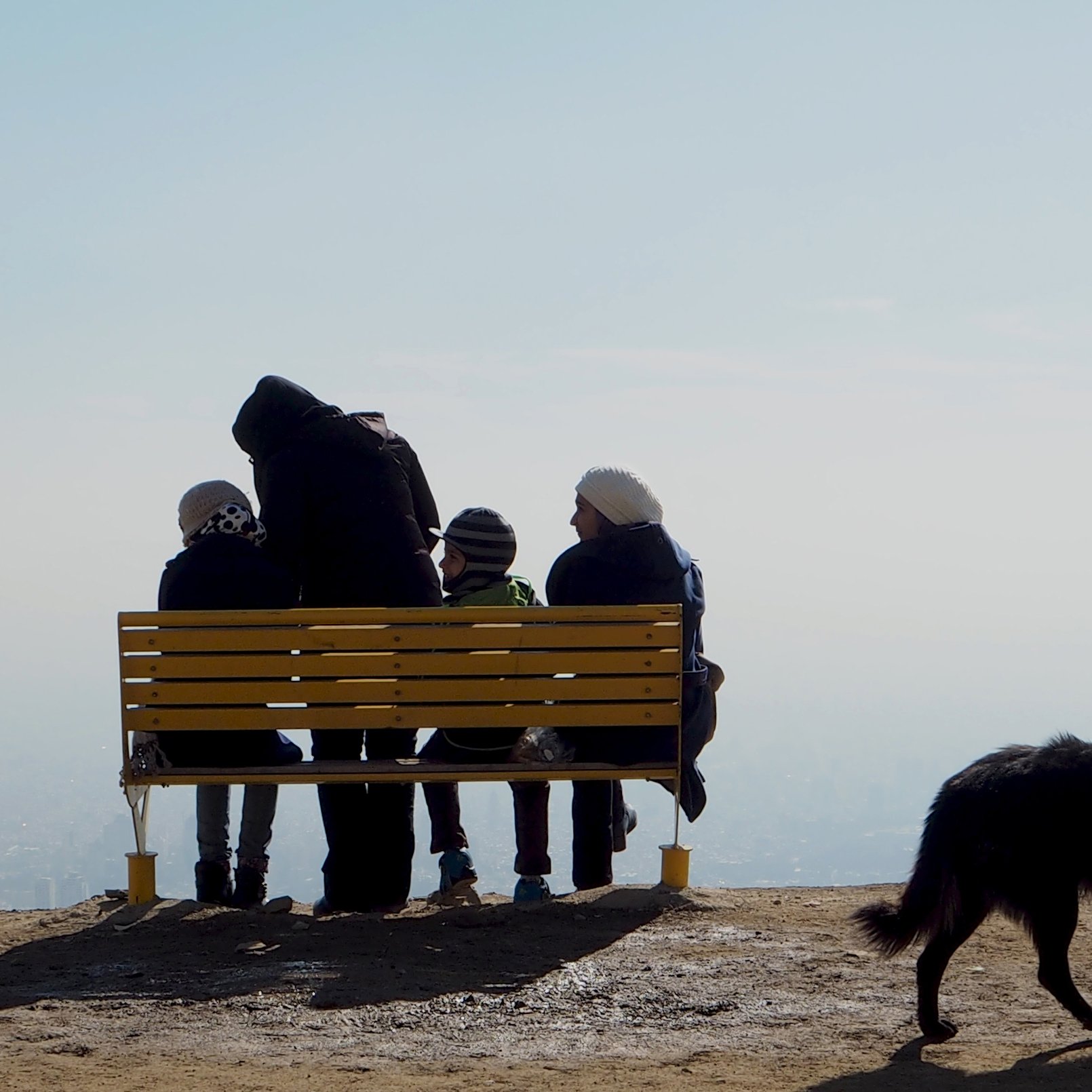 در این تصویر، تعدادی از افراد در حال نشستن بر روی یک نیمکت زرد رنگ هستند. آن‌ها به سمت یک چشم‌انداز زیبا و دوردست نگاه می‌کنند. چهار نفر در صحنه دیده می‌شوند: سه نفر از آن‌ها نشسته‌اند و یک نفر، که احتمالاً بزرگ‌تر است، پشت به دوربین ایستاده و به آن‌ها توجه دارد. هوا صاف به نظر می‌رسد و درای پس‌زمینه‌ای مه‌آلود است. همچنین یک سگ سیاه رنگ نیز در گوشه تصویر دیده می‌شود. حس کلی تصویر آرامش و دوستی را منتقل می‌کند.