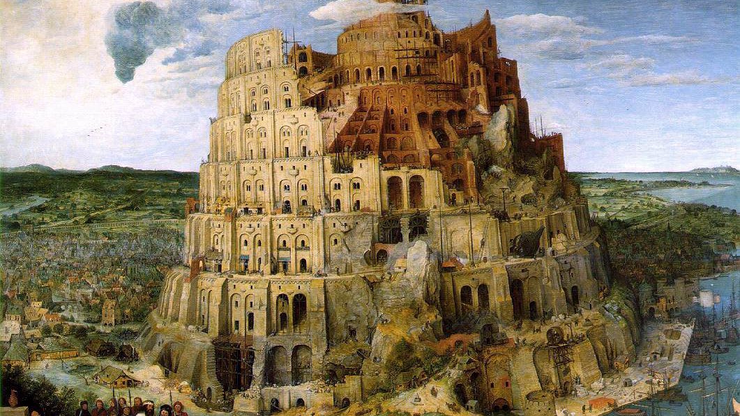 L'image représente la célèbre peinture de Pieter Bruegel l'Ancien intitulée "La Tour de Babel". On y voit une immense construction en spirale, symbolisant une tour inachevée qui atteint le ciel. La tour est dotée de nombreux niveaux avec des arcs et des fenêtres, et elle est entourée de paysages divers, y compris des villes et des corps d'eau. Plusieurs personnages sont visibles au premier plan, parmi lesquels des ouvriers qui semblent travailler à la construction de la tour. L'atmosphère est à la fois majestueuse et tragique, évoquant la chute de l'ambition humaine. Les cieux sont partiellement nuageux, ajoutant une dimension dramatisée à la scène.