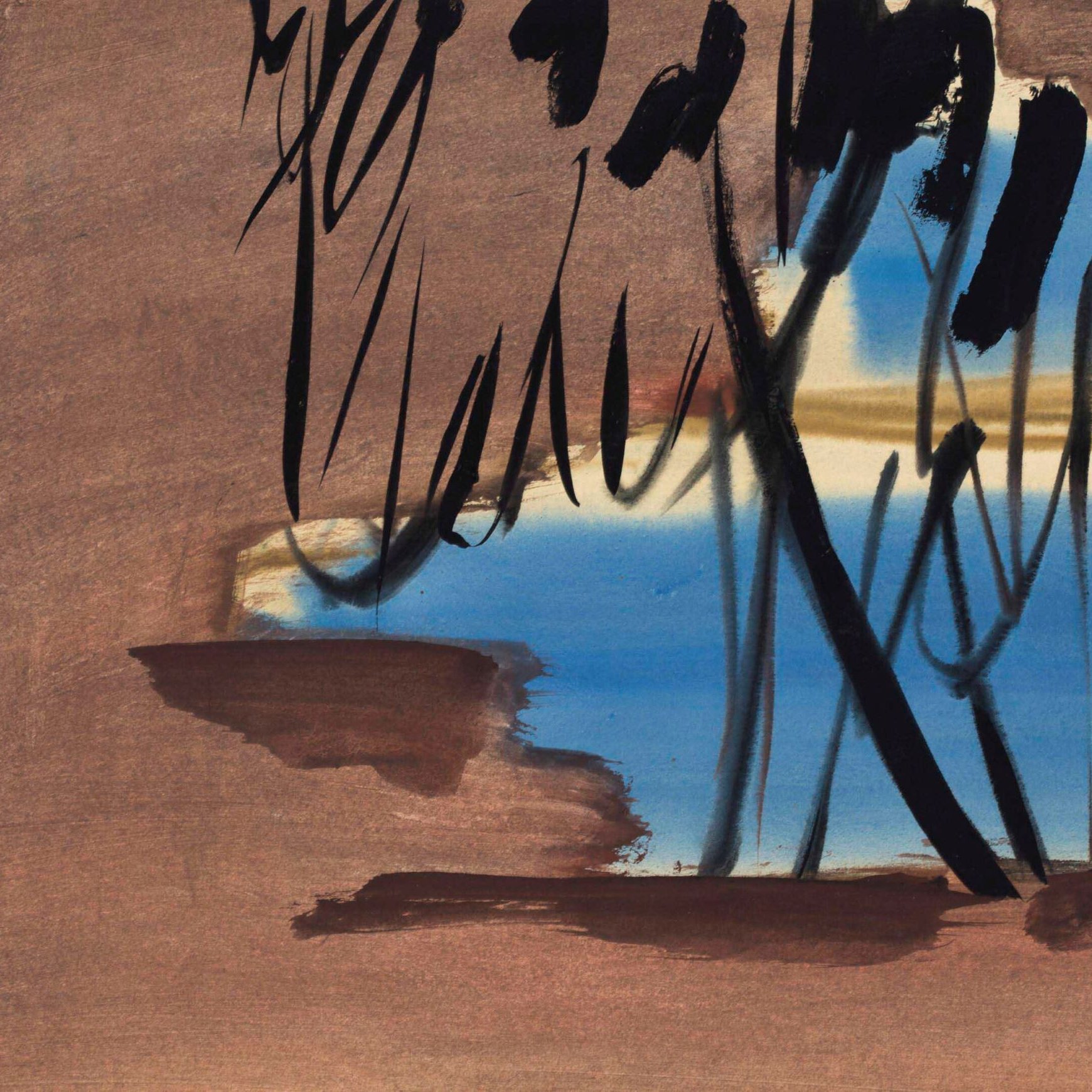 L'image présente une composition abstraite avec des coups de pinceau en noir et des couleurs terreuses, créant une atmosphère calme et contemplative. À l'arrière-plan, des nuances de bleu évoquent un ciel ou une étendue d'eau, tandis que des formes sombres et tourbillonnantes suggèrent des arbres ou une végétation. L'ensemble donne une sensation d'harmonie et d'équilibre entre les éléments naturels et l'abstraction artistique.