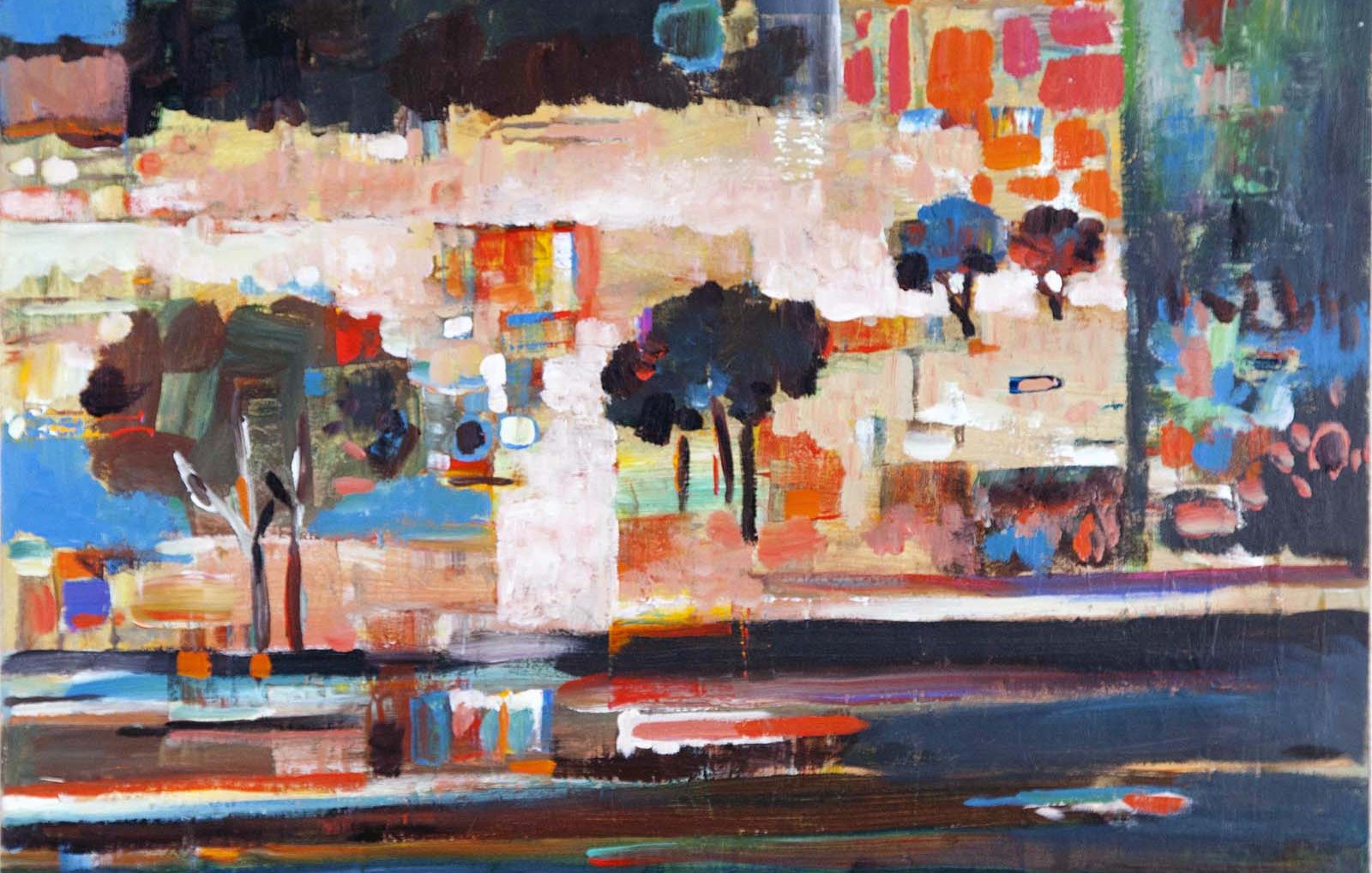 Cette image représente une œuvre abstraite, caractérisée par des aplats de couleurs vives et différentes textures. On peut y voir des formes organiques et des éléments qui évoquent peut-être un paysage urbain ou naturel, avec des arbres stylisés et des blocs de couleur. L'utilisation de teintes comme le bleu, le rouge, le vert et le blanc crée un contraste dynamique, ajoutant une sensation de mouvement et de profondeur à la composition. L'ensemble dégage une ambiance moderne et expressive.