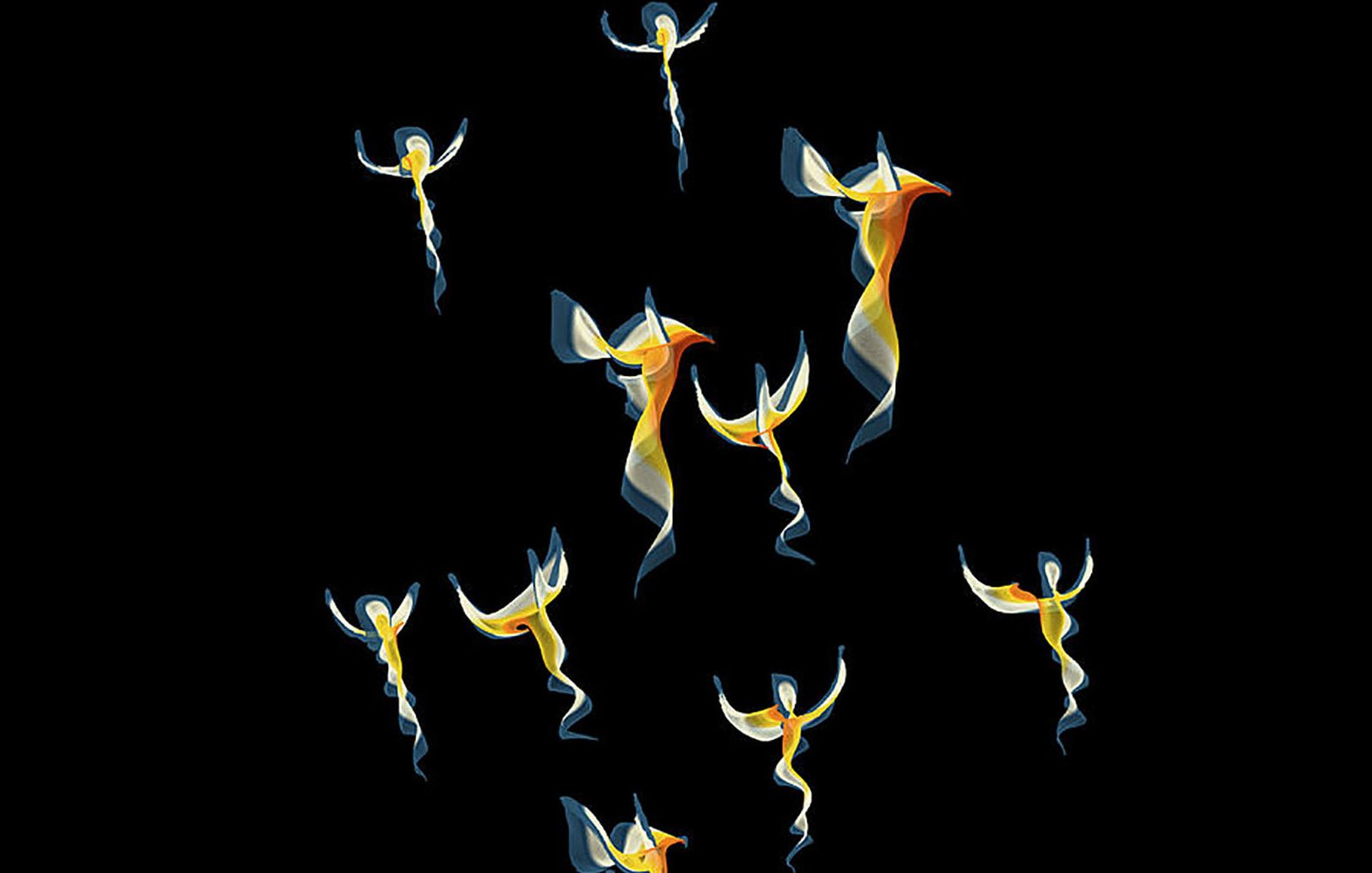 L'image présente une série de figures stylisées dans des tons jaunes et oranges, donnant l'impression d'êtres en mouvement. Ces formes ressemblent à des danseurs ou des créatures aériennes qui apparaissent en contraste sur un fond noir, ce qui crée une atmosphère dynamique et légère. Les figures semblent flotter ou s'élever, capturant une sensation de liberté et de grâce.