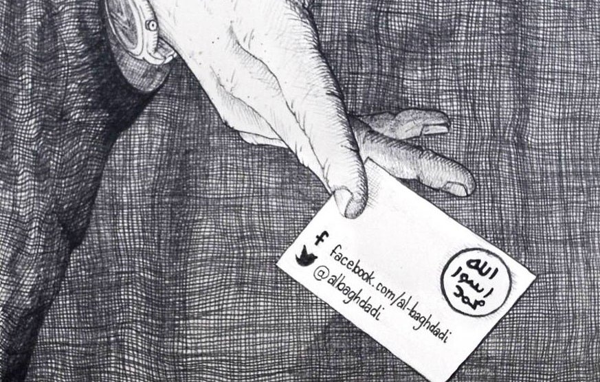 L'image montre une main qui tient une carte blanche. La carte est ornée d'un texte en arabe, ainsi que de symboles et de liens vers des réseaux sociaux. Le tout est dessiné avec un style de croquis détaillé, mettant en avant des textures et des ombres. L'ensemble évoque un message ou une déclaration, mais le contenu précis de la carte n'est pas décrit.