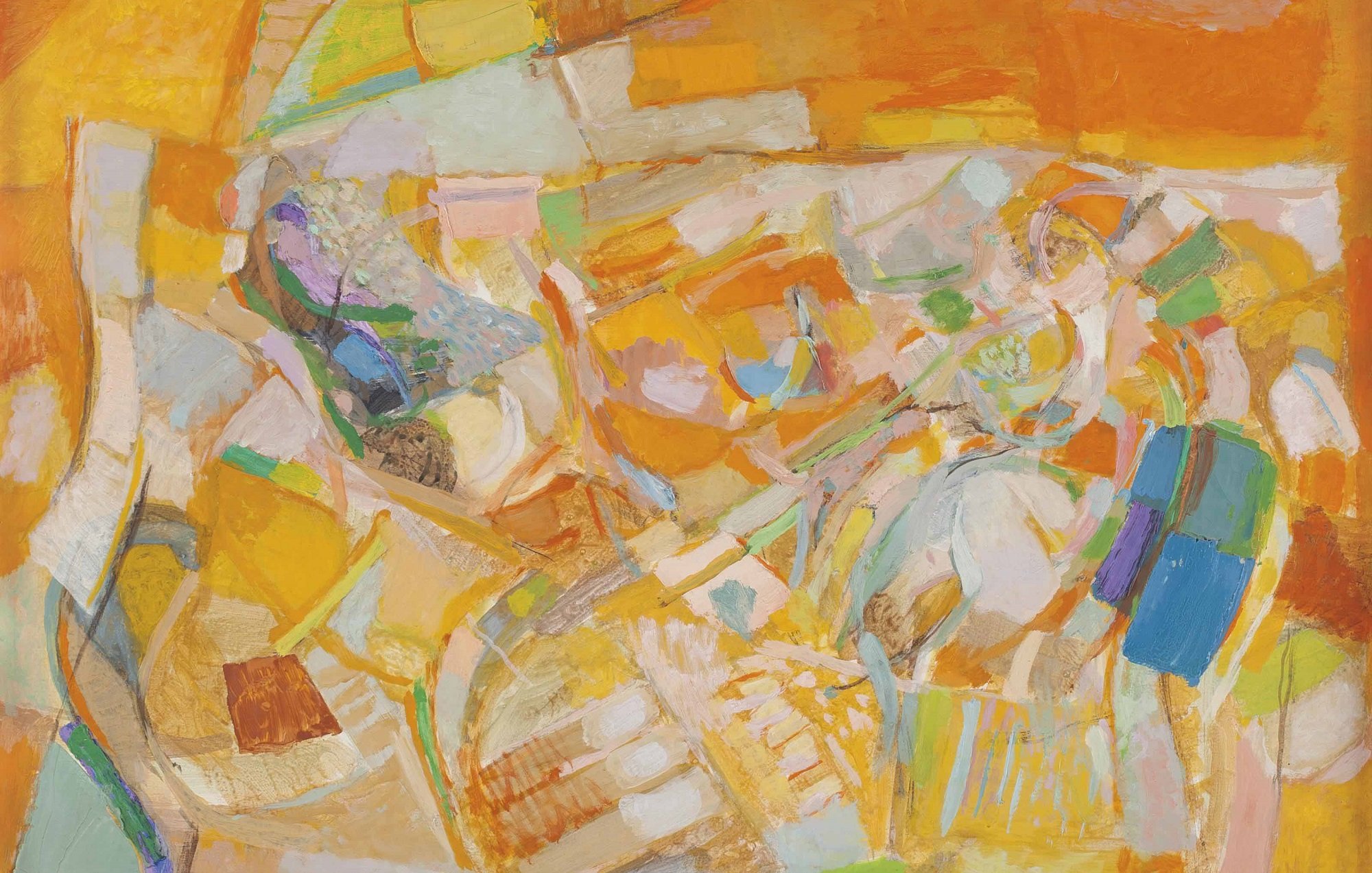 L'image présente une composition abstraite aux couleurs vives et chaleureuses, dominées par des tons orange, jaune et vert. Les formes géométriques s'entrelacent de manière fluide, créant un mouvement dynamique. On remarque des touches de peinture qui semblent représenter des éléments organiques ou des figures humaines de manière stylisée. L'ensemble évoque une sensation de légèreté et d'énergie, propre à l'art moderne. Le travail de la texture et la palette de couleurs contribuent à une atmosphère vibrante et expressive.