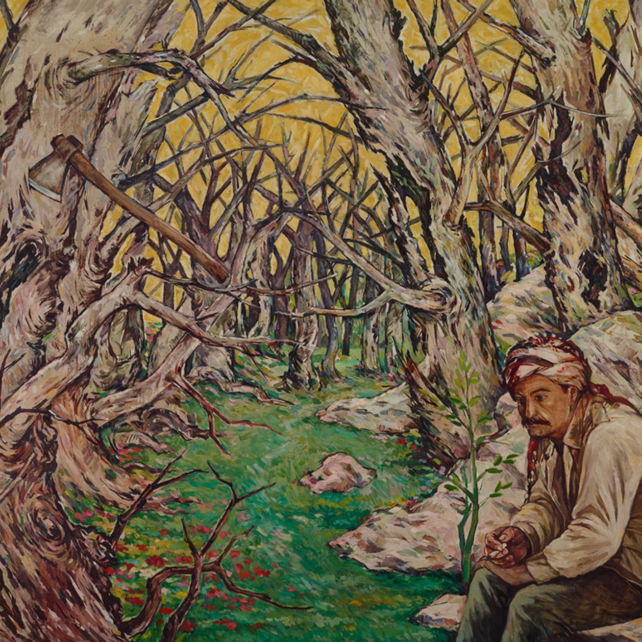 L'image montre un homme assis sur une pierre, entouré d'arbres morts et dénudés. Le sol est verdoyant, et l'atmosphère semble mélancolique, avec un ciel jaunâtre. L'homme semble pensif et ressourceé dans ce paysage désolé.