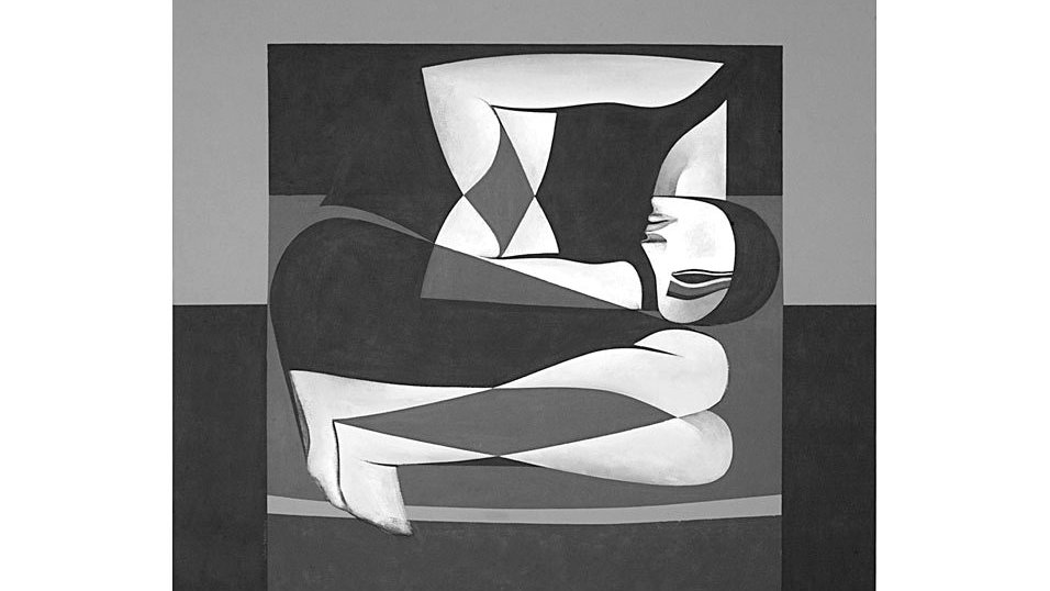 L'image présente une composition abstraite en noir et blanc. On y voit une figure humaine stylisée, enroulée sur elle-même, avec des formes géométriques et des lignes fluides. Le contraste entre les zones sombres et les zones claires ajoute de la profondeur à l'œuvre. L'ensemble dégage une impression de sérénité et de contemplation, tout en évoquant une certaine dualité à travers les différentes formes et les espaces négatifs.