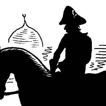 L'image représente une silhouette d'un cavalier sur un cheval, observant un paysage urbain. On peut voir des structures architecturales typiques, comme des mosquées et des minarets, en arrière-plan. Le cavalier est vêtu d'une tenue militaire, qui indique peut-être une période historique spécifique. L'ensemble de l'image est en noir et blanc, ce qui renforce le côté dramatique et artistique de la scène.