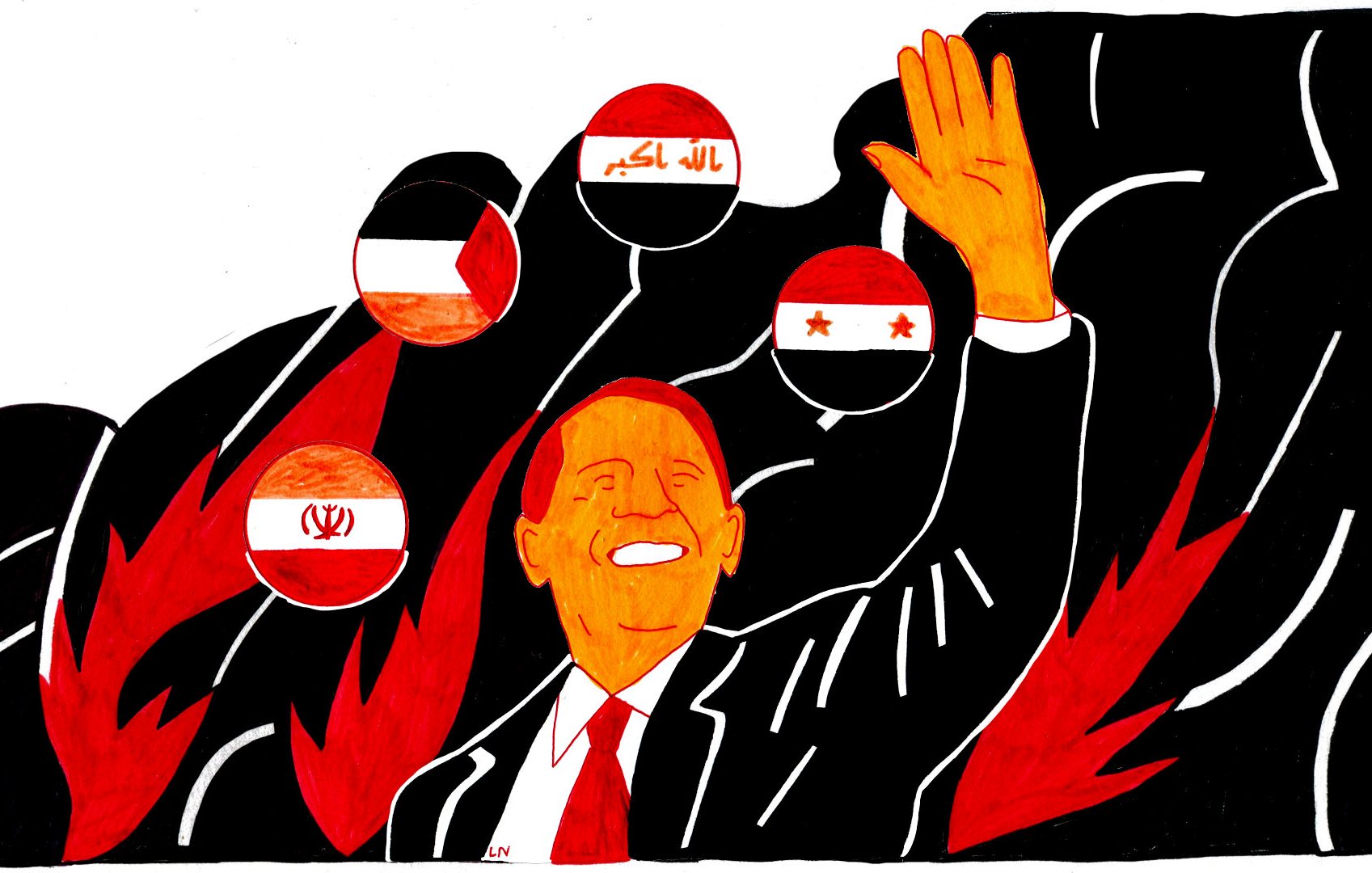 L'image représente une illustration stylisée avec un personnage central, probablement un dirigeant, qui sourit et lève la main. En arrière-plan, on peut voir plusieurs cercles affichant des drapeaux, suggérant une thématique politique ou internationale. Les couleurs dominantes sont des tons chauds comme le rouge et l'orange, créant une ambiance dynamique. Les silhouettes en arrière-plan semblent agitées, ajoutant un sentiment d'intensité à la scène. L'ensemble évoque des thèmes de pouvoir et d'interaction politique.