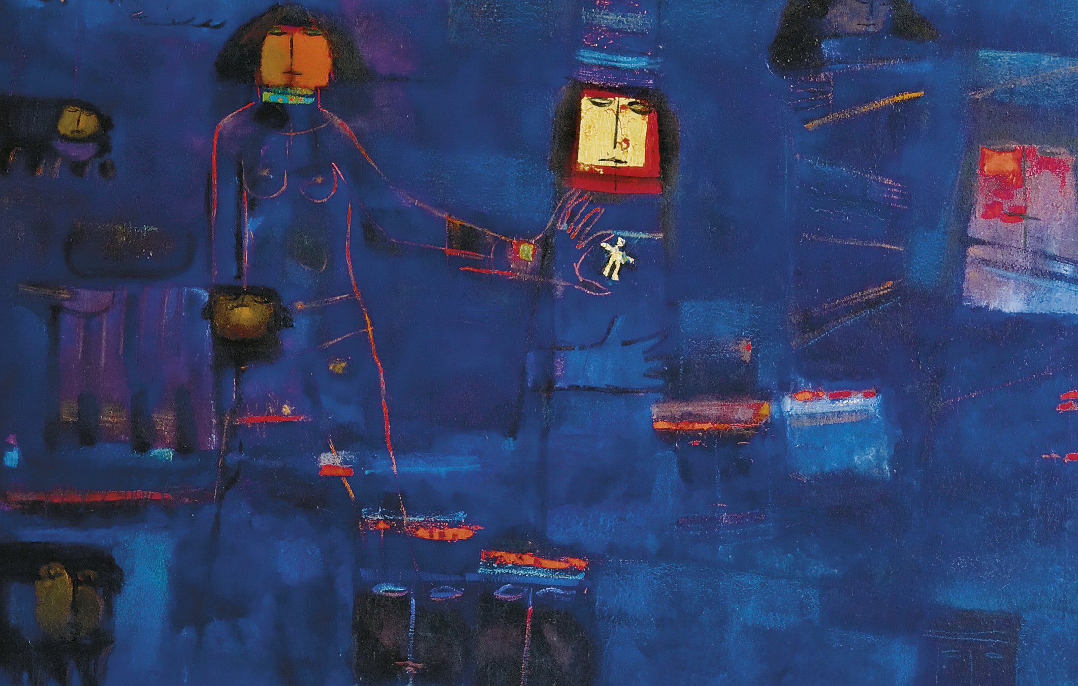 Cette image représente une composition artistique abstraite, dominée par des tons de bleu. On peut y voir des formes humaines stylisées, suggérant deux figures qui se tiennent près l'une de l'autre. L'arrière-plan est riche en textures, et des touches de couleurs chaudes ajoutent de la profondeur. Les formes semblent flotter dans un espace sans profondeur, créant une atmosphère rêveuse et contemplative. L'œuvre évoque des thèmes d'intimité et de connexion, tout en utilisant des éléments abstraits qui laissent place à l'interprétation personnelle.