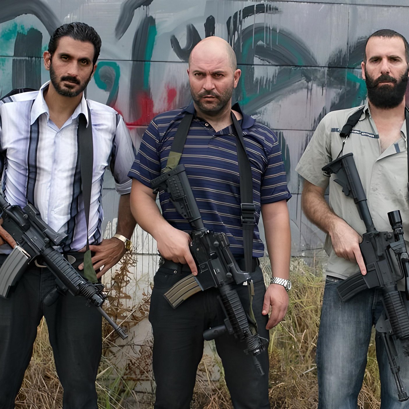 L'immagine mostra un gruppo di cinque persone, tutte in piedi e con armi da fuoco in mano. Quattro di loro hanno un aspetto maschile, mentre una è femminile. Sono vestiti in abiti casual e mostrano espressioni serie. Sullo sfondo si intravedono graffiti, creando un'atmosfera di tensione. L'ambiente sembra essere abbandonato o in degrado, con erba alta che circonda i soggetti.