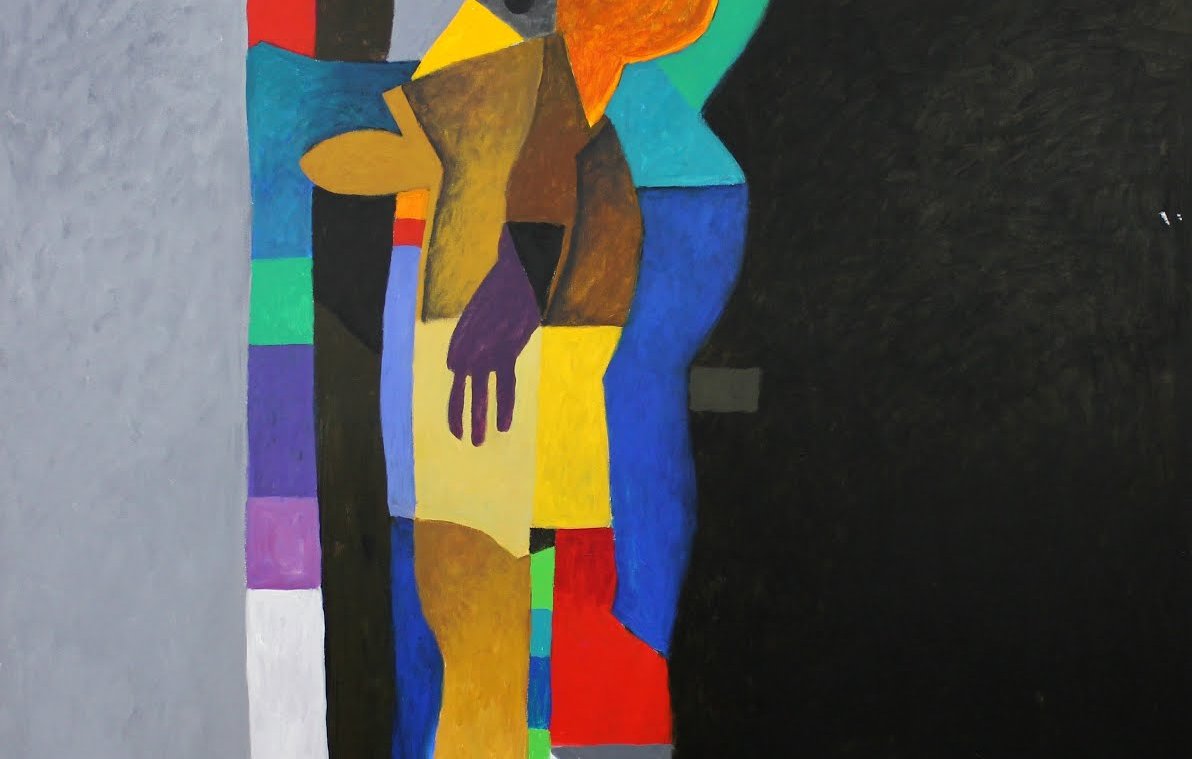 Cette image représente une œuvre d'art abstraite, caractérisée par des formes géométriques et des couleurs vives. On peut y voir différentes silhouettes humaines stylisées, enchevêtrées dans des teintes de bleu, jaune, vert et rouge. L'arrière-plan est sombre, ce qui met en valeur les couleurs éclatantes des figures. Les contours des personnages sont flous, soulignant un sens de mouvement et d'interaction. L'ensemble crée une atmosphère dynamique et intrigante, laissant place à l'interprétation personnelle.