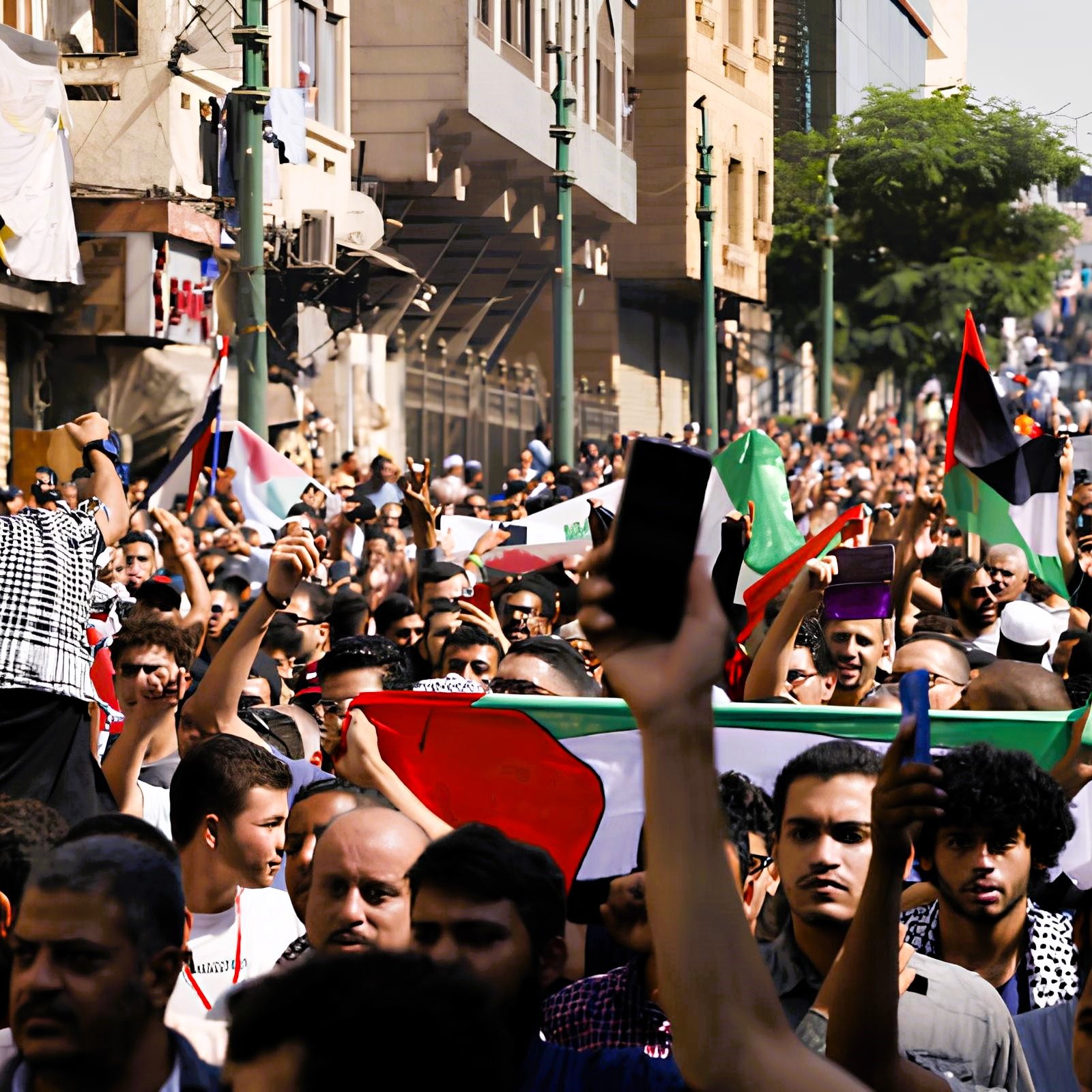 L'immagine mostra una grande folla di persone che partecipa a una manifestazione. Molti degli individui stanno alzando cartelli e bandiere, evidentemente in segno di protesta o per esprimere un messaggio politico. Ci sono bandiere di diversi paesi, tra cui quella palestinese. L'atmosfera sembra intensa e carica di emozione, con la folla che si snoda lungo una strada in un contesto urbano. Le persone appaiono unite e motivate, mentre alcuni sono in piedi su spalle di altri per farsi vedere meglio.