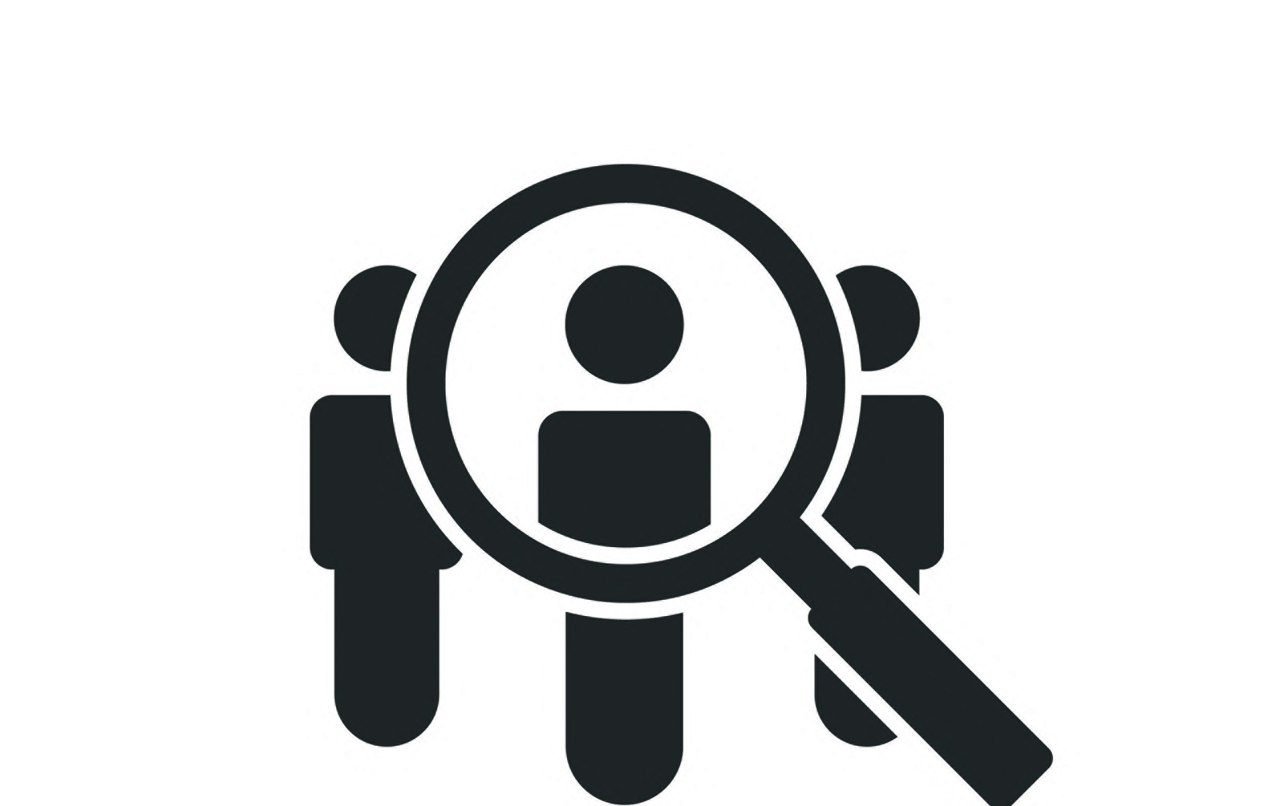 L'image représente un symbole de recherche avec une loupe entourant une figure humaine au centre, tandis que deux autres figures humaines sont de chaque côté. Cela évoque l'idée de chercher ou de focaliser l'attention sur une personne parmi un groupe.