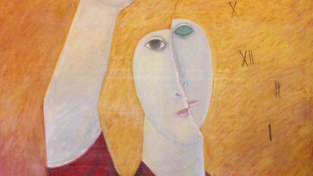 L'image représente une peinture au style abstrait. Un personnage central, avec un visage stylisé et des traits simplifiés, lève une main vers une horloge suspendue au mur. L'horloge affiche une heure, et des chiffres romains sont visibles. La palette de couleurs est principalement chaude, avec des nuances de jaune et de rouge, créant une ambiance intense. Le personnage semble contemplatif, et l'ensemble de l'œuvre pourrait évoquer des thèmes liés au temps et à la perception.