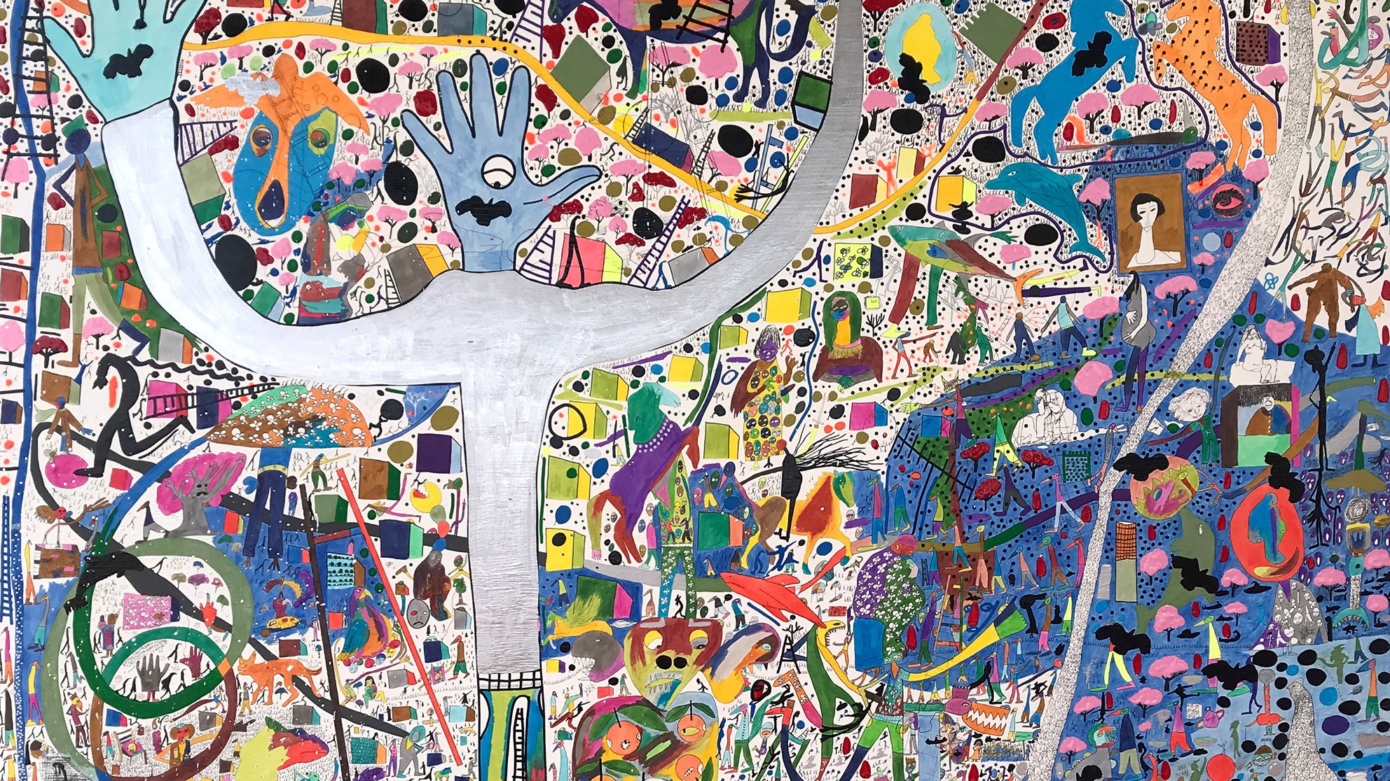 Cette image est une œuvre artistique très colorée et dynamique, remplie de motifs divers et de formes abstraites. Au centre, on peut voir une figure humaine aux bras levés, qui semble célébrer ou exprimer une joie. Le fond est saturé d'éléments graphiques variés, parmi lesquels on distingue des formes géométriques, des personnages stylisés et des éléments naturels. Les couleurs vives et les détails complexes créent une impression de mouvement et de vie, reflétant une créativité foisonnante.