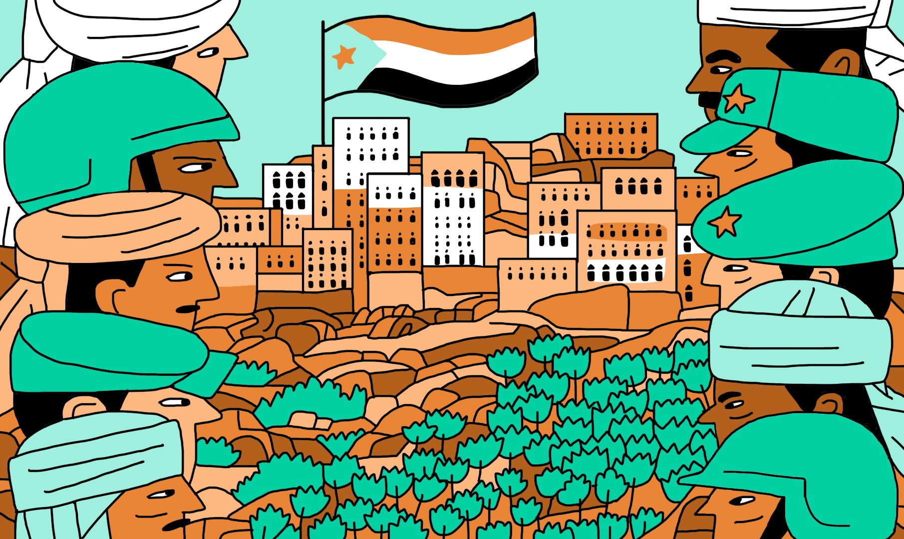 L'image représente une scène stylisée avec plusieurs soldats en avant-plan, chacun portant des casques de différentes couleurs. Ils font face à une ville aux bâtiments colorés, encadrée par des collines. Au centre, un drapeau tricolore avec une étoile flotte au-dessus de la ville. L'ensemble est réalisé dans un style graphique, avec des formes simplifiées et des couleurs vives. Les soldats semblent symboliser des factions distinctes, tandis que l'arrière-plan illustre un paysage régional.