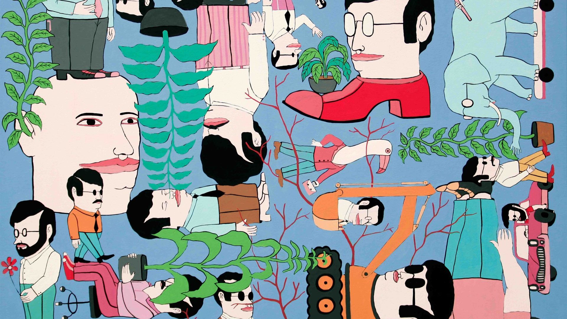 L'image présente une composition colorée et imaginative, mêlant des personnages stylisés aux formes géométriques. On y voit des figures humaines aux visages expressifs, certaines sont à l'endroit tandis que d'autres sont inversées ou de profil. Les personnages interagissent avec des éléments naturels, comme des plantes et des arbres, intégrés dans la scène. L'arrière-plan est d'un bleu vif, ce qui contraste avec les couleurs éclatantes des personnages et des objets qui les entourent. L'ensemble dégage une atmosphère ludique et surréaliste.