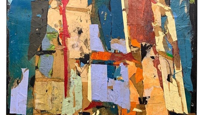 L'image représente une œuvre d'art abstraite avec des formes géométriques et des couleurs vives. On peut y voir des teintes de bleu, rouge, orange, et beige, juxtaposées de manière dynamique. Les textures semblent intéressantes, avec des couches superposées qui ajoutent de la profondeur à la composition globale. L'ensemble évoque une sensibilité moderne et expressive.