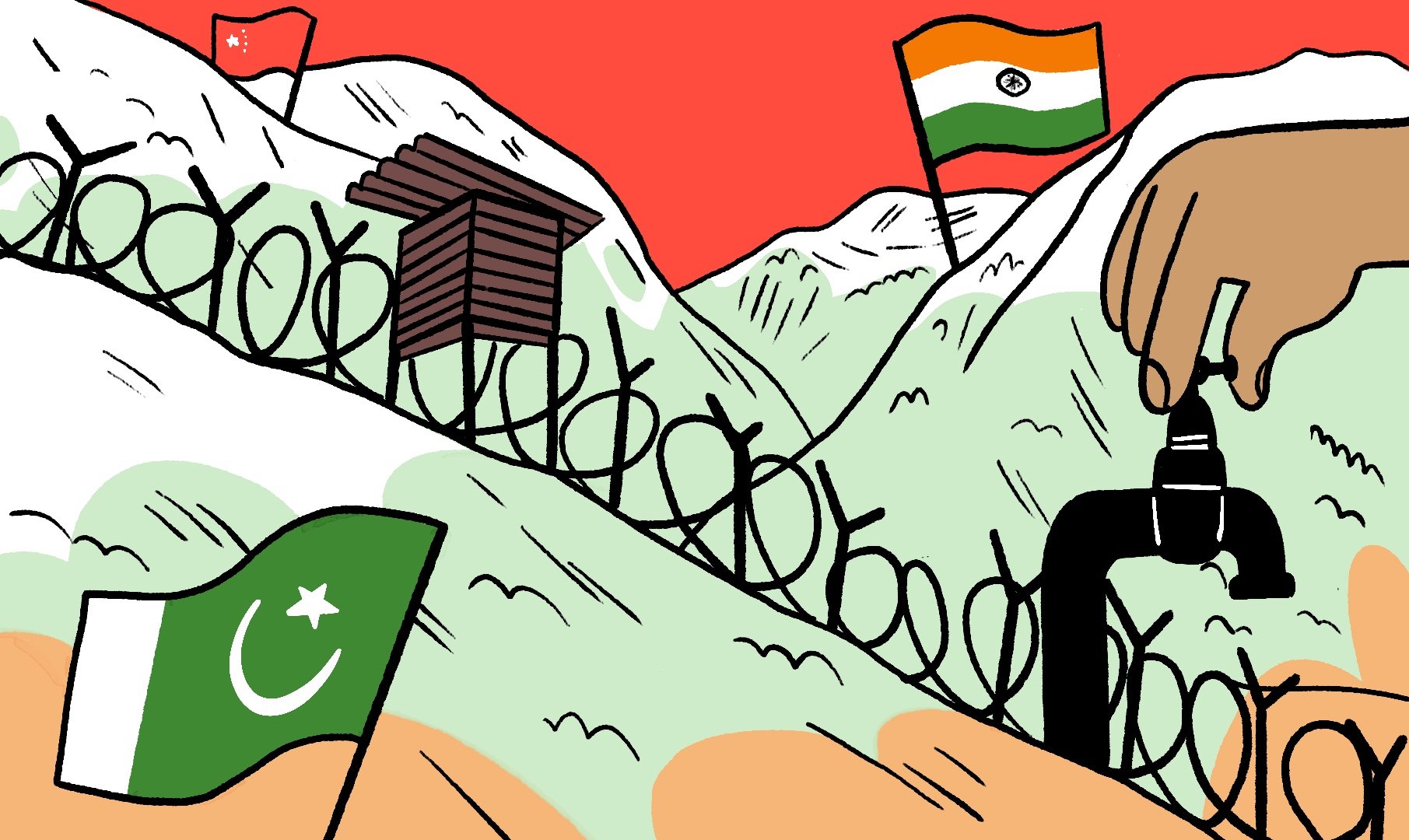 Des montagnes avec des drapeaux, un robinet et des barbelés.